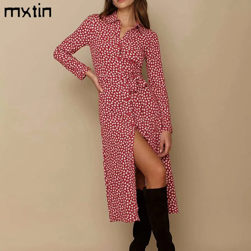 

2021 Sprint для женщин с принтом роз винтажное платье-миди с отворотом воротник однобортное пальто с галстуком-бабочкой и поясом, вечерние женск...