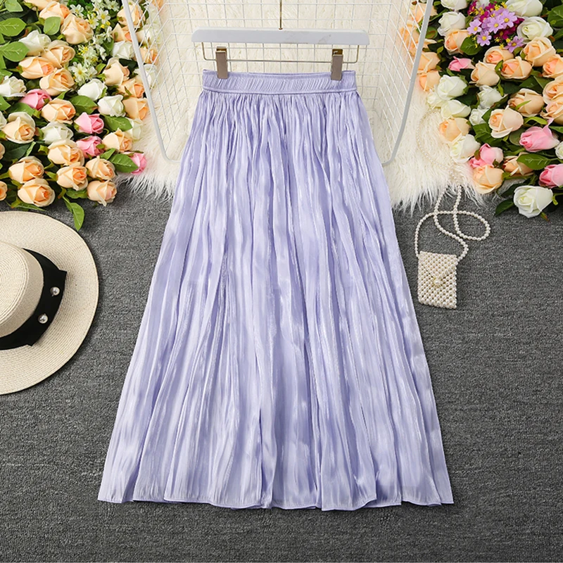 

Summer Pleated Skirt Women Solid Elastic Waisted Shiny Elegant Office Ladies Long Skirts Saia Faldas Jupe Femme