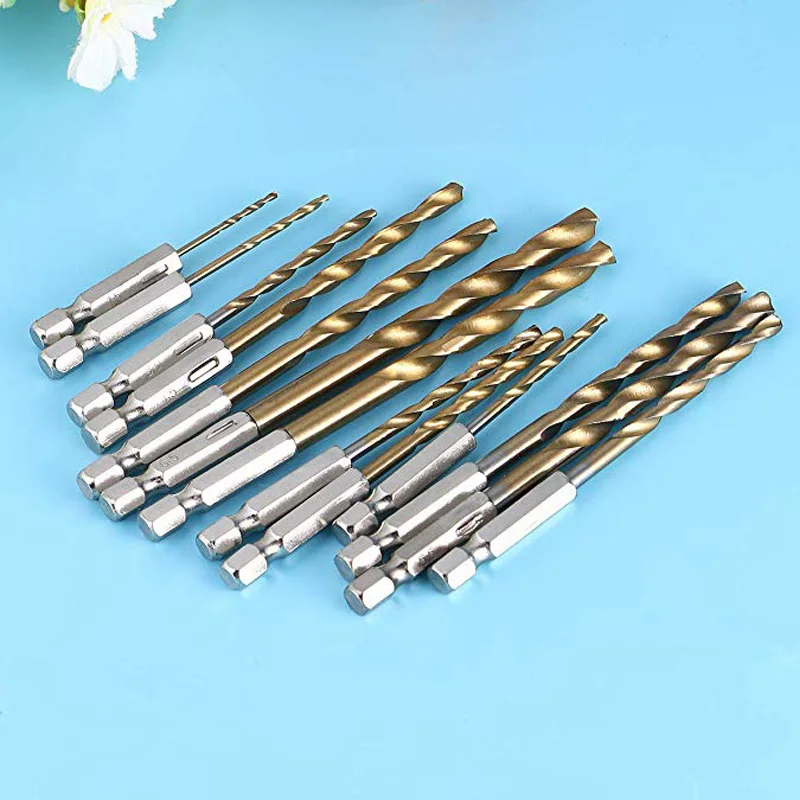 High Quality 13pcs Titanium Coated High-Speed Steel HSS Hexagonal Shank Drill 1.5-6.5mm Drill Bit Set Twist Drill Bit Sets Tools