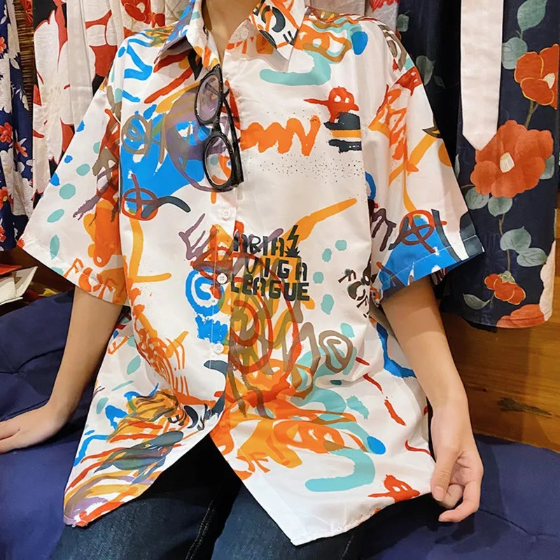 

Women Hip-hop Shirts Vintage Beach Style Harajuku Streetwear Turn-down Collar Ladies Tops Summer Loose Blouses