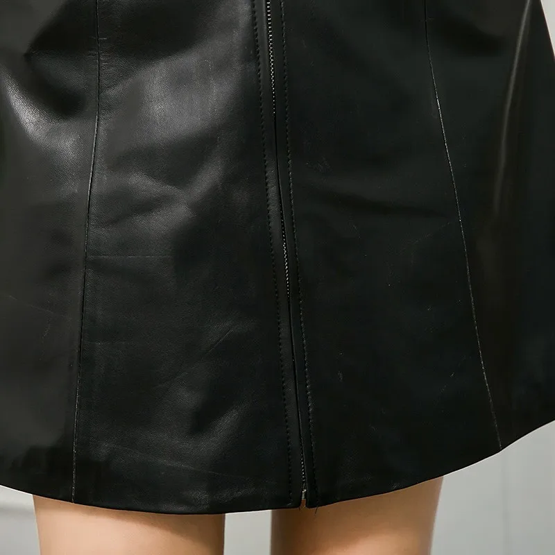 

Zipper Fashion 2021 Spaghetti Strap Real Leather Dress Streetwear Sheepskin V-Neck Sexy A-Line Luxury Dress Female Vestido Cuero