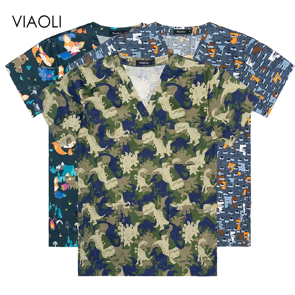 Pet Grooming Working Clothes Animal Print Hospital Surgery Scrubs Tops Short Sleeved Dental Clinic Uniforms Veterinary | Тематическая