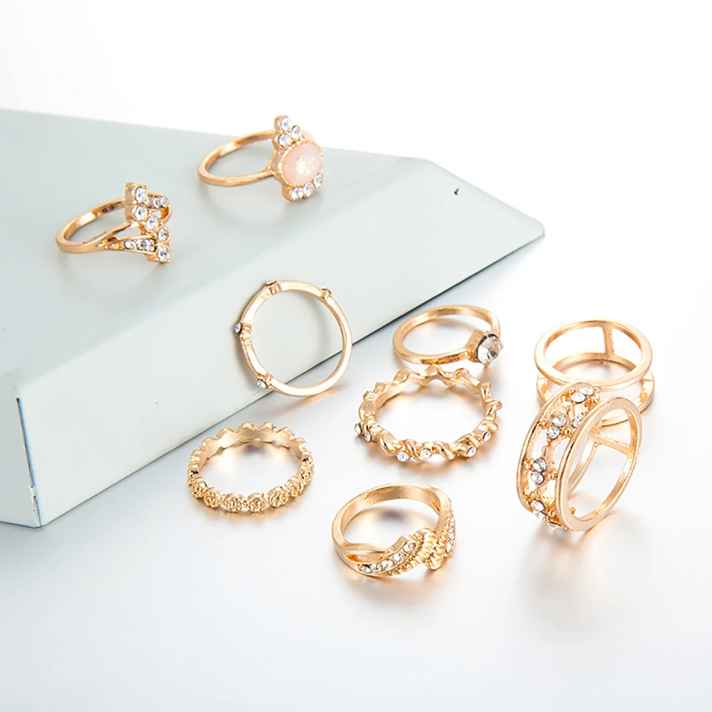 Женский комплект колец в стиле бохо винтажный золотого цвета с короной и