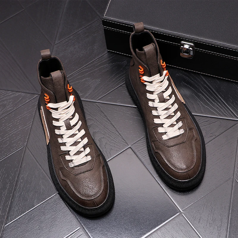 

Men Brand High Top Leather Fashion Sneakers Men Casual Shoes Male Flats Boots Rubber Mens Designer Shoes Walking Black Brown
