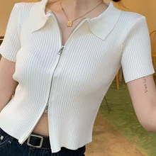 Beiyingni Summer Short Sleeve T-shirt Women Zipper Y2K Fashion Knitted Crop Top Female Sexy Casual K