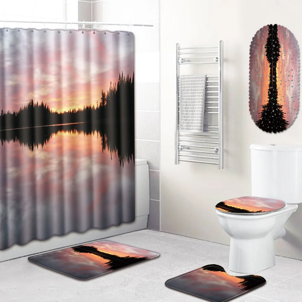 

Scenery Bathroom Shower Curtain Mat Toilet Cover Mat Bathtub Mat Five-Piece Carpet bathroom rugs and mat set luxury
