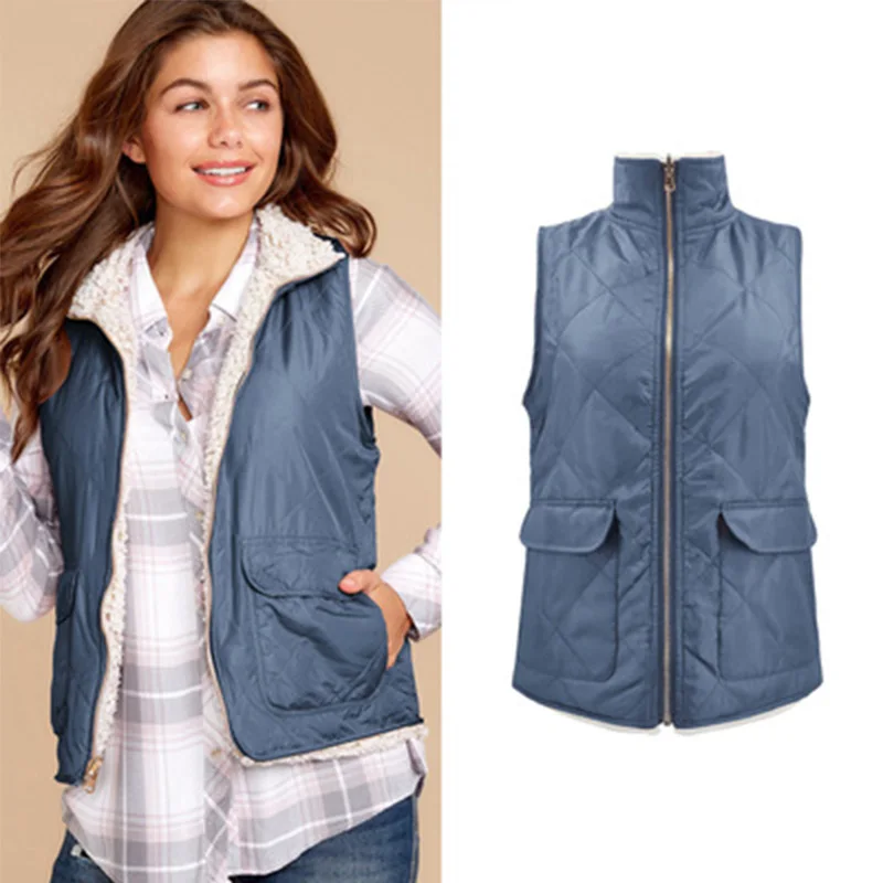 

2021 autumn winter hot sale casual solid color stand-up collar double-sided zipper women's vest