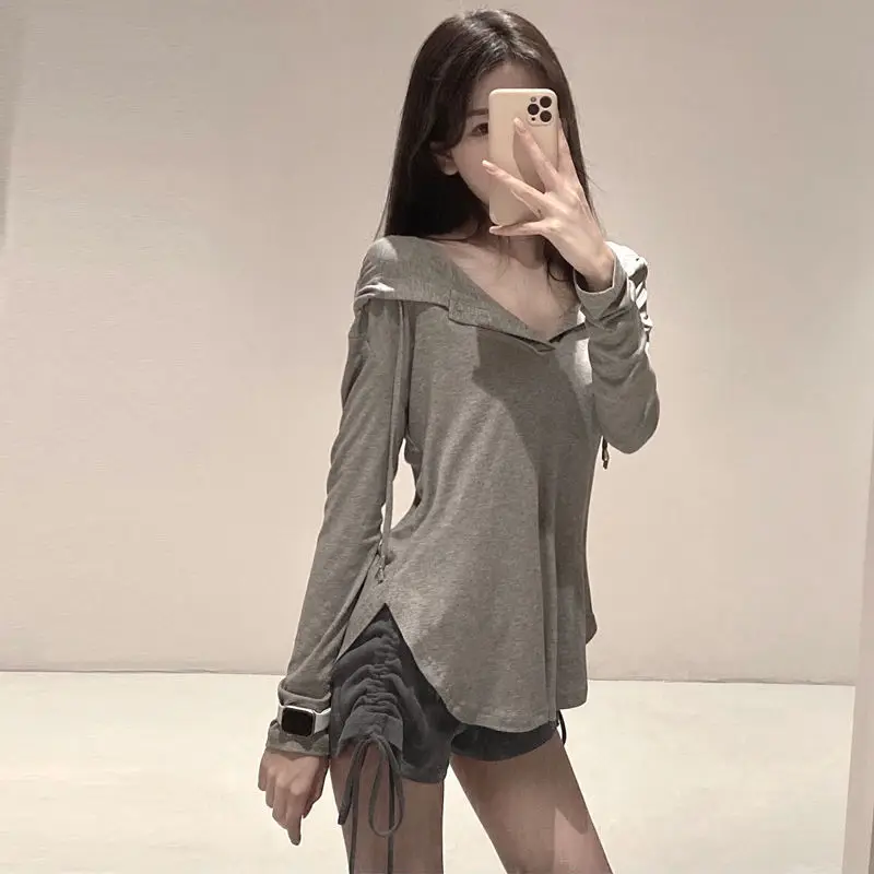 

Hooded Shirt Side Split Sexy Blouse Women Long Sleeve Autumn Women Button Up Shirt Solid Color Basic Tee Shirt Loose Casual