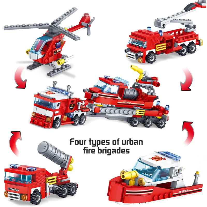 

348pcs Fire Fighting Car Helicopter Boat Building Blocks Compatible City Firefighter Bricks Enlighten Toys For Kids