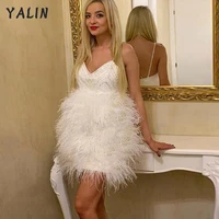 yalin white v neck homecoming dresses feathers spaghetti straps sequin short cocktail gowns backless mini vestidos de fiesta