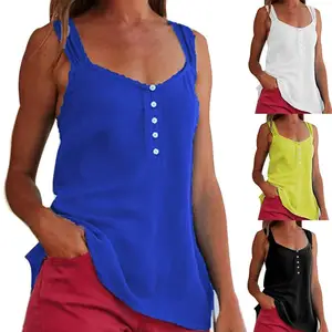 HOT SALES!!! Solid Color Plus Size Summer Women Casual Sleeveless Vest Loose Buttons Tank Top