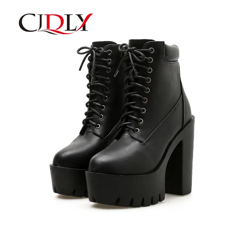 

CJDLY New Fashion Motorcycle Boots Women Leather winter Metal Buckle High Heels Shoes Zipper Black Ankle Boots Woman Lacing 2020