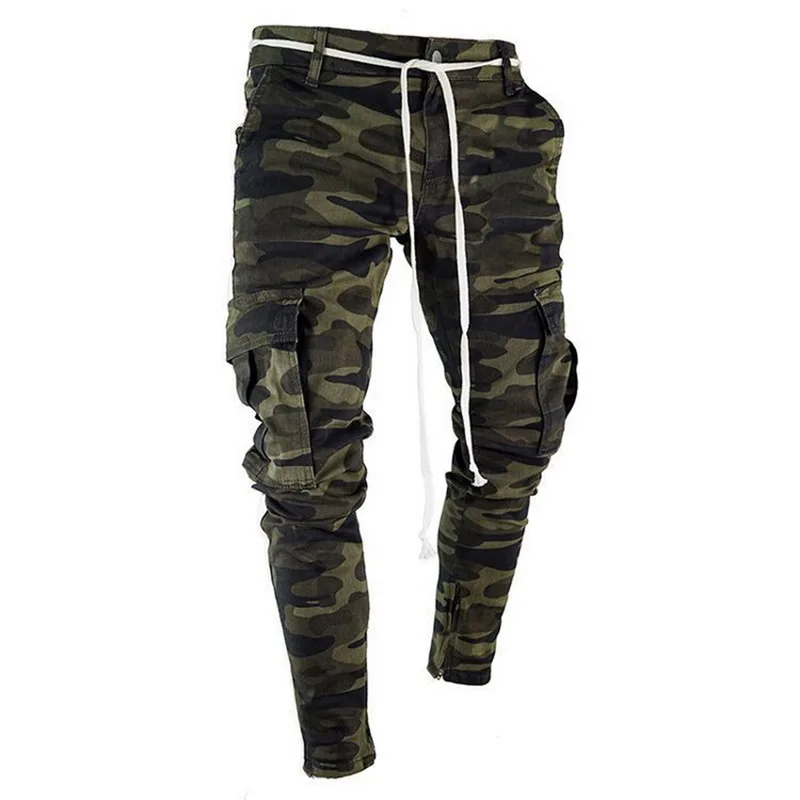 

Vogue Mens Jeans Fashion Camouflage Multi-pocket Patchwork Elastic Slim Feet Lace Up Jeans Ribbon Army-green Cargo Pants