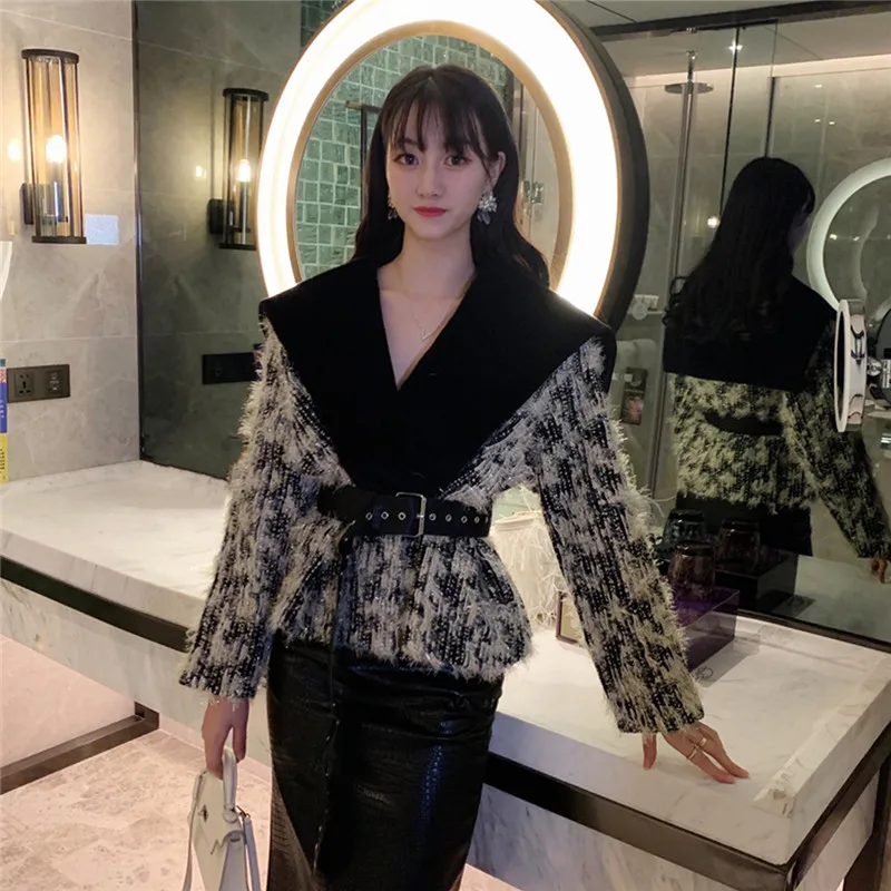 Korea 2021 Winter Coat New Fashion Women Coats Long Sleeve Wool Big Turn-down Collar Patchwork Feathers Lurex Belt Thick Jackets