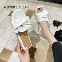 summer women white sandals slippers sweet bow design thick bottom wedges heel peep toe slipper beach footwear trend female shoes