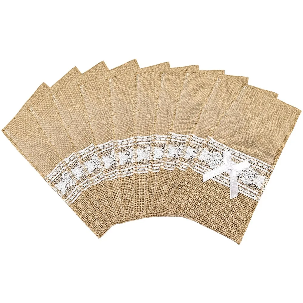 

10Pcs Burlap Lace Cutlery Pouch Rustic Weddin Table Decoration Accessories supplies decor event decor hallowen decoration party