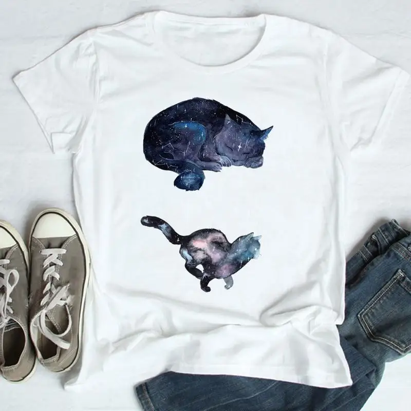 

Футболка женская с мультяшным принтом, милый Графический Топ в стиле 90-х с кошкой и животным, модная рубашка с коротким рукавом
