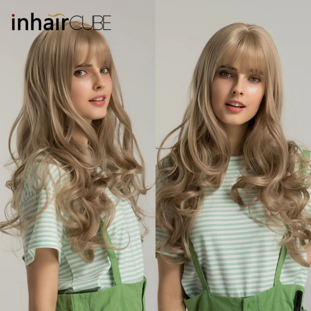 Парик Inhaircube длинный женский синтетический с волнистыми волосами блонд челкой