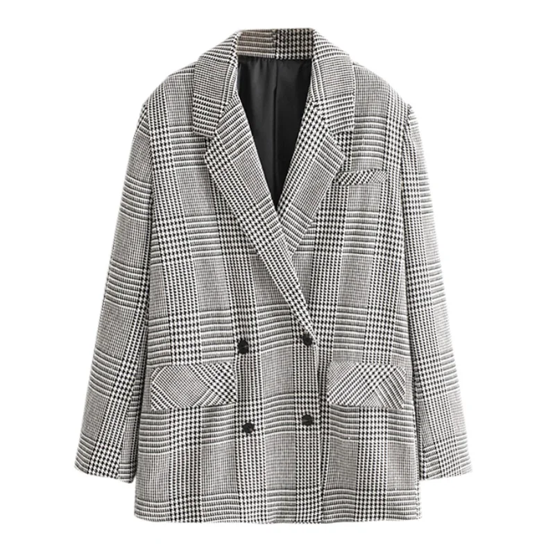 Женский двубортный блейзер в клетку с длинным рукавом | Женская одежда