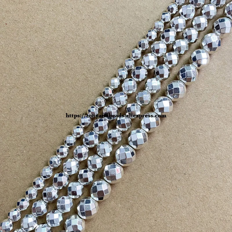 

Faceted Shining Silver Plated Natural Hematite Stone Round Loose Beads 4 6 8 10 MM 15" Strand Pick Size For Jewelry Making DIY