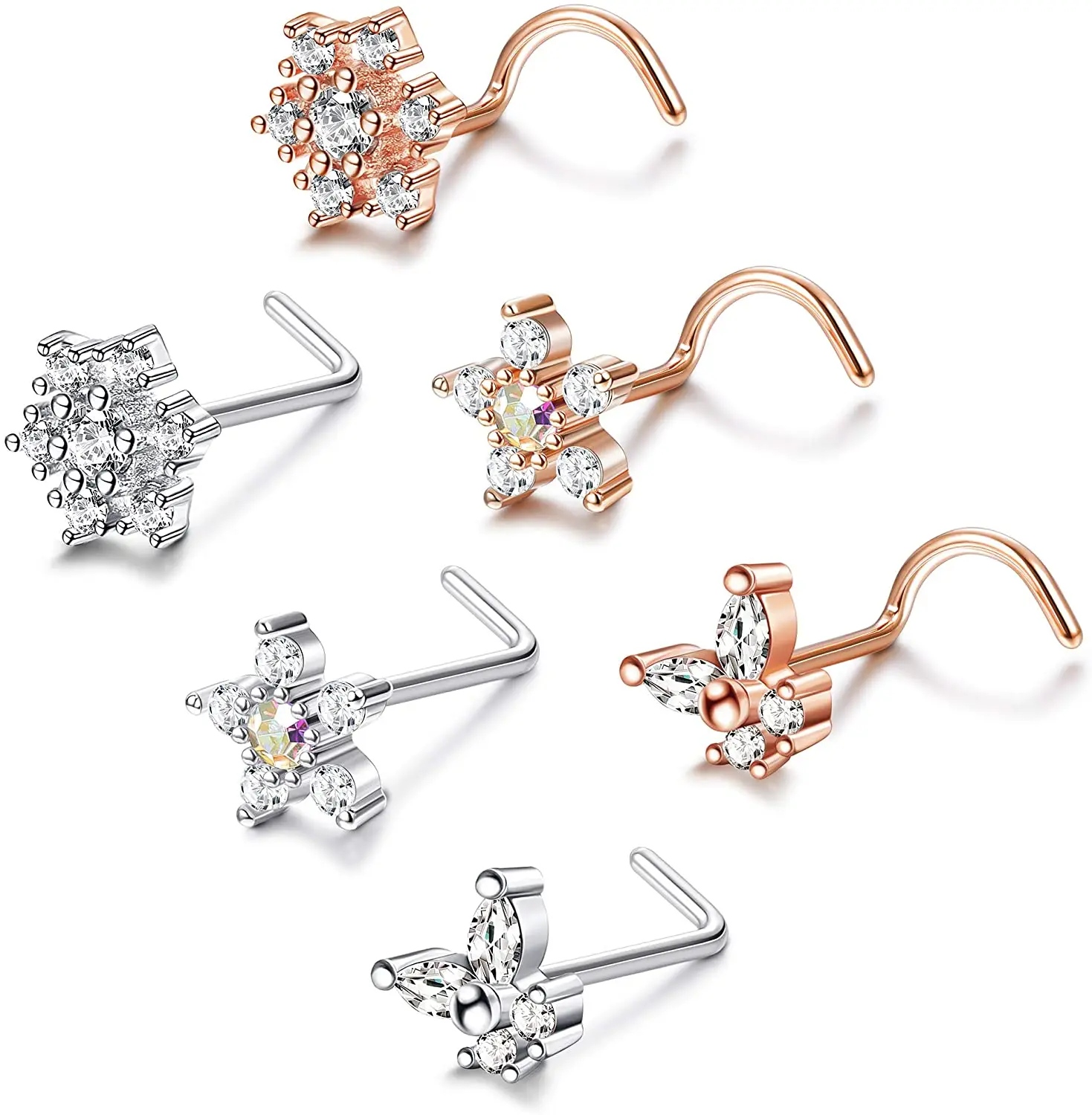 

1Pcs 20G Flower Nose Rings L Shaped S Shaped Nose Rings Snowflake Nose Stud Screw Nose Rings Butterfly Nose Stud for Women Men