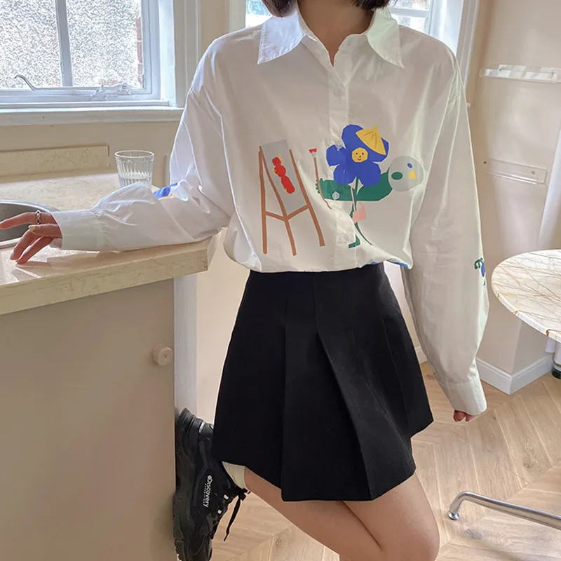 

2021 Autumn Korean Style Long Sleeve Shirt Funny Print Loose Blouse Female Casual Outwear Cotton tops Coats (F4491