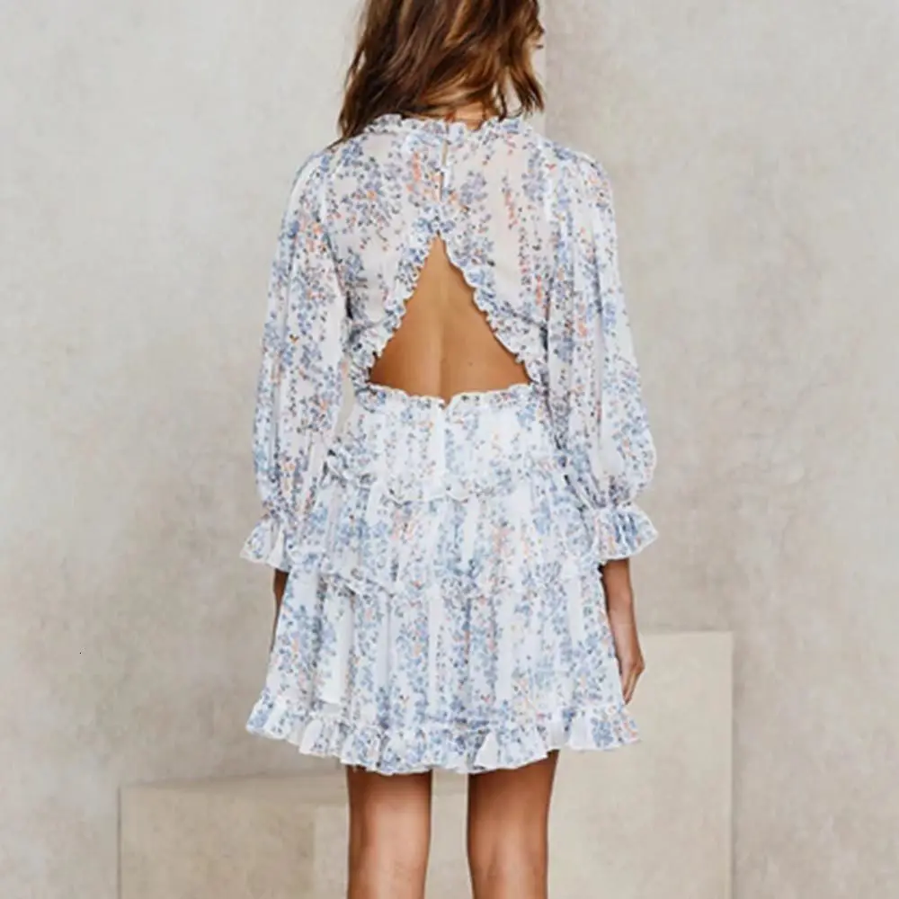 

Women Sexy Halter V-Neck Long Sleeve High Waist Puff Sleeve Dress Elegant Ruffles Print Mini Dress Backless Party Dress New