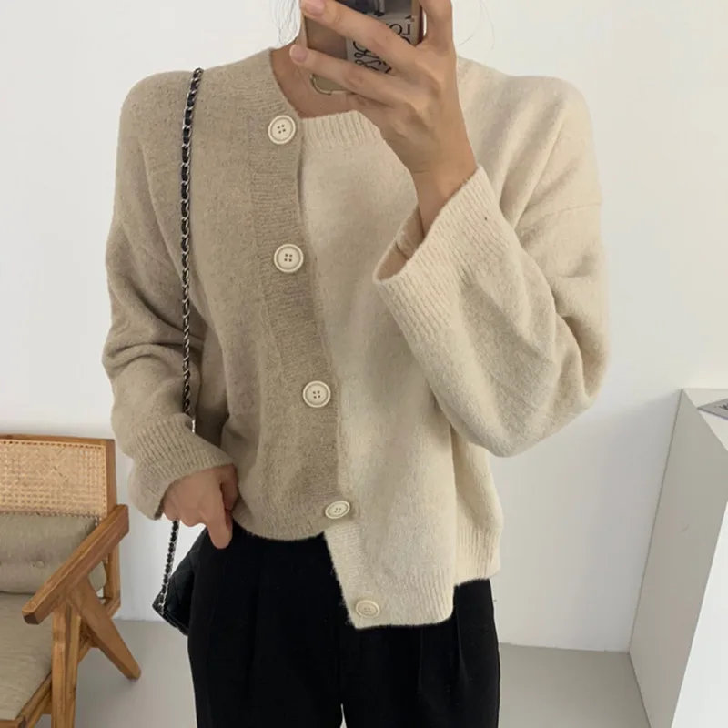 

HziriP Elegant Chic Women Sweater Coat 2022 New Irregular Stitching Color Loose Female Knitting Cardigan Tops Short Jumpers