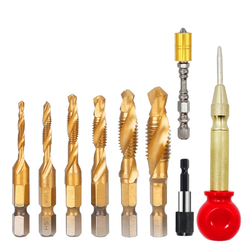 

9Pcs Titanium Coated HSS Spiral Flute Metric Taps Set Tap Bits 1/4Inch Hex Shank Screw Taps Tool Set(M3 M4 M5 M6 M8 M10)