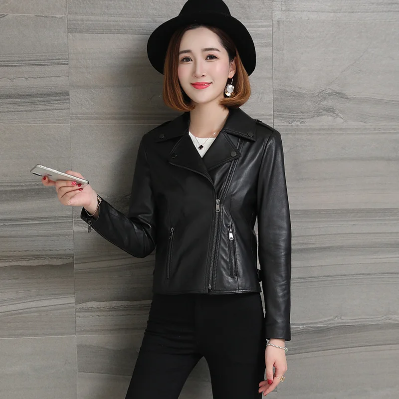 

Genuine Leather Jacket Women Spring Short Sheepskin Coat Black Motorcycle Korean Slim Leather Jackets Leren Jas Dames KJ1291