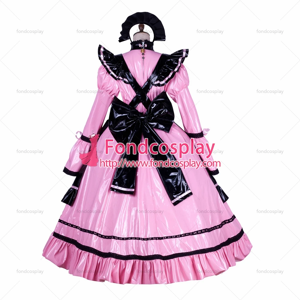 fondcosplay adult sexy cross dressing sissy maid long Lockable pink PVC Vinyl Dress Uniform black apron Tailor-made[G1763] |