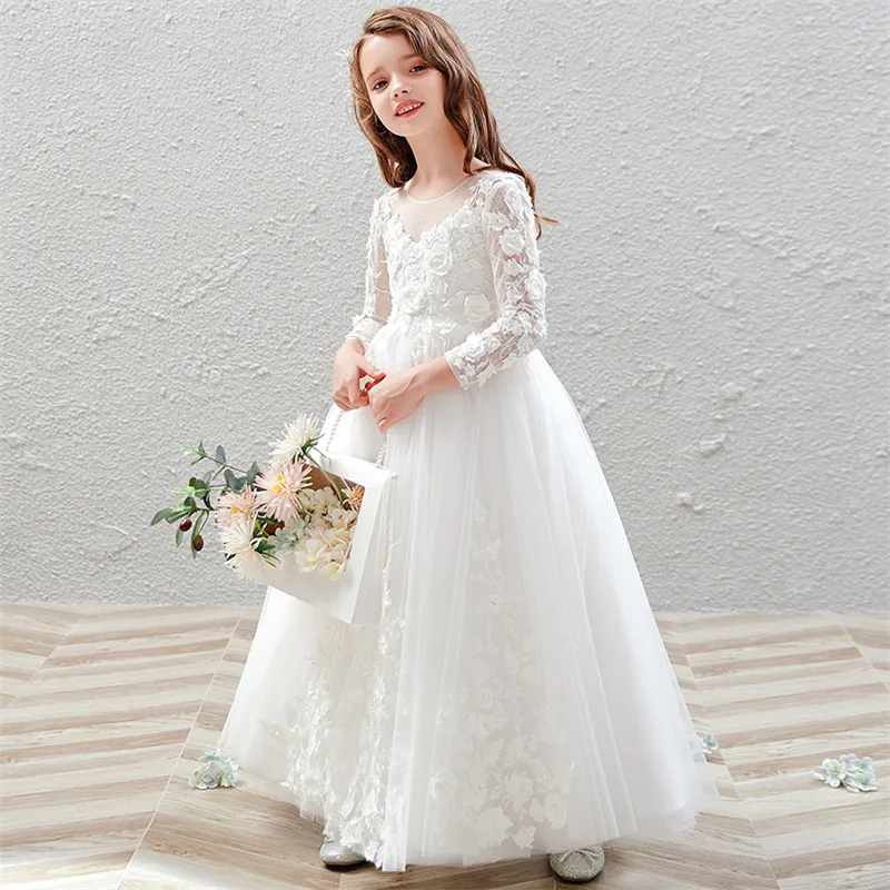 

2019Autumn Winter Elegant New Girls Children Hand-made Flowers Wedding Party Birthday Gift Dress Model Host Piano Costumes Dress