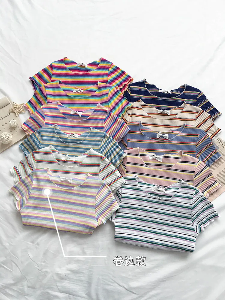 

2021 New Women's Summer Thin Short-sleeved T-shirt Women's Top Rainbow Stripe Fashion Short Knit