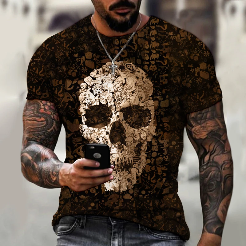 

European Skull Funny Short Sleeve 3D Printing Men's T-Shirt Top Breathable And Sweat-Absorbent Short Sleeve O-Neck Large