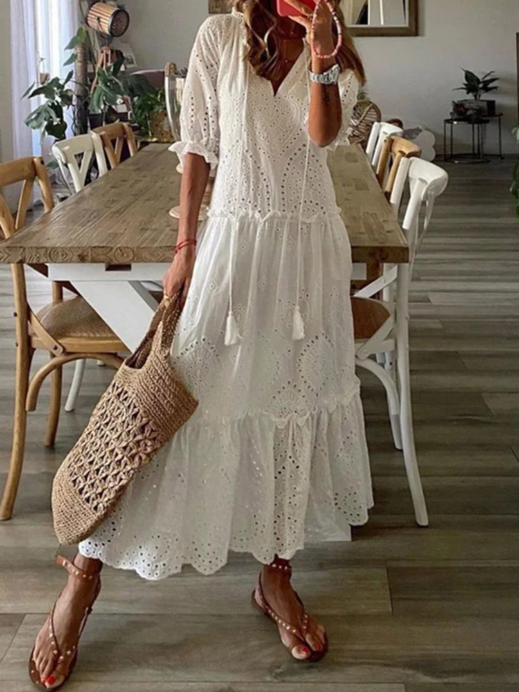 

Spring Solid Ruffles Pleated Long Party Dress Women Short Sleeve Loose Casual Dress2021 Autumn V Neck Tassel Hollow Out Dresses