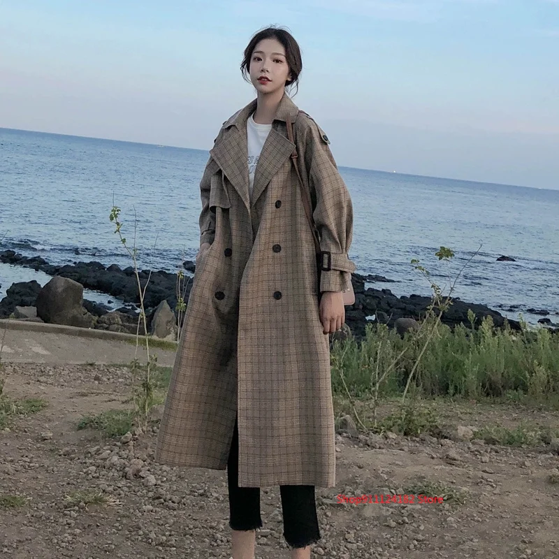 

2021 Quality Fashion Elegant Long Plaid Trench Coat Double Breasted with Belt Lady Duster Coat Cloak Spring Autumn Windbreaker