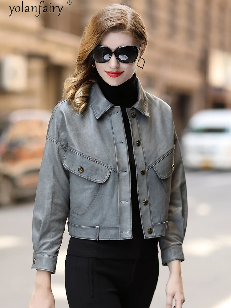 

YOLANFAIRY Vintage Real Leather Jacket Women Spring Fashion 100% Sheepskin Coat Autumn High Quality Motorcycle Cazadora Mujer KJ