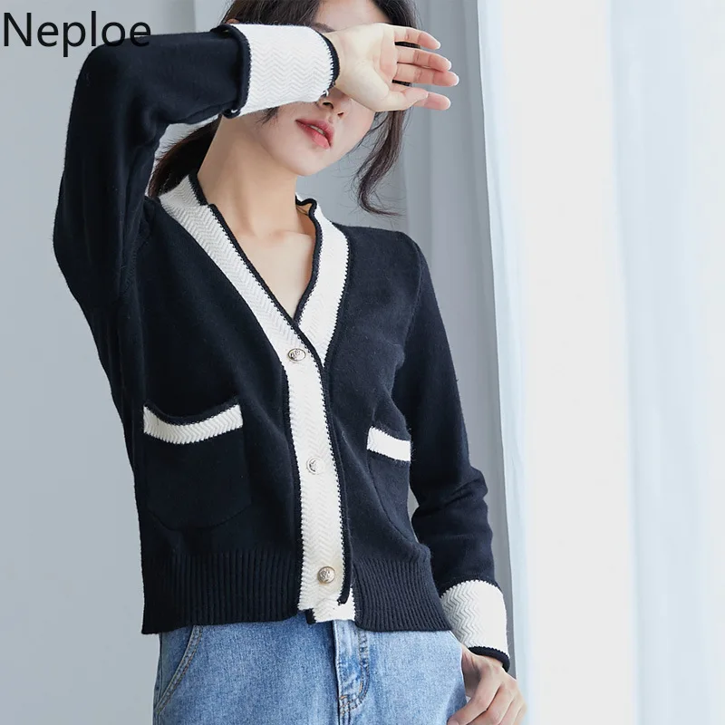 Neploe v-образный вырез контрастный цвет вязаный кардиган свитер небольшой аромат