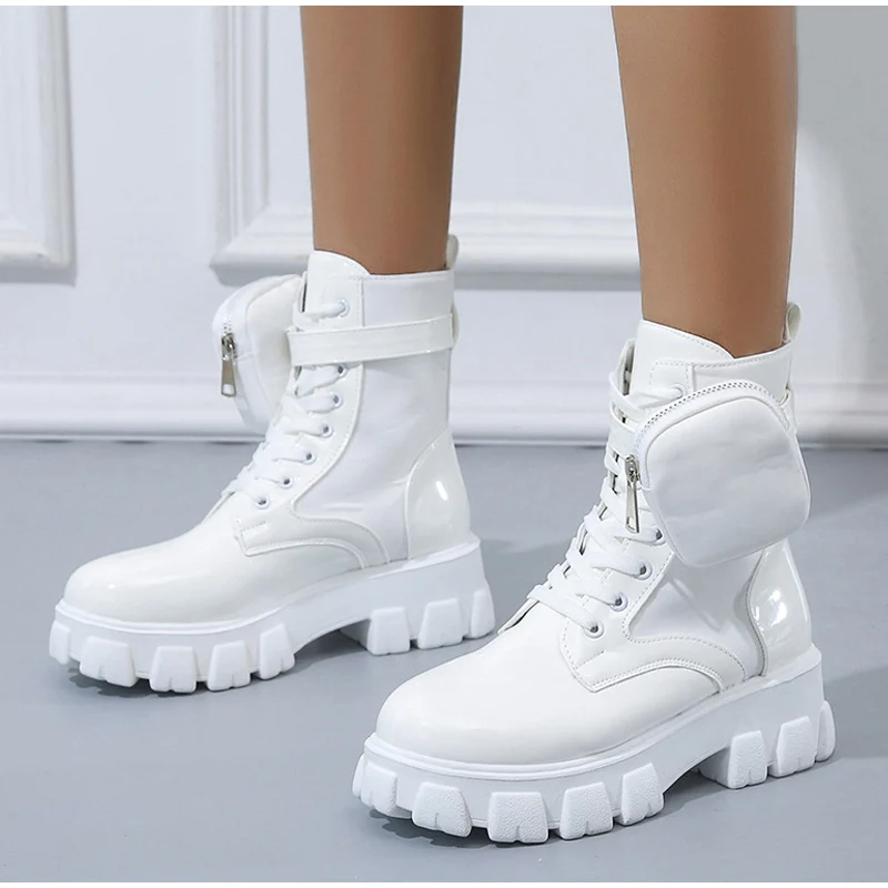 

Ladies Boots Shoes Ankle Boots Female Autumn Pocket Design Thick Bottom Round Toe Lace Up British Fashion Plus Size 2021 Fashion
