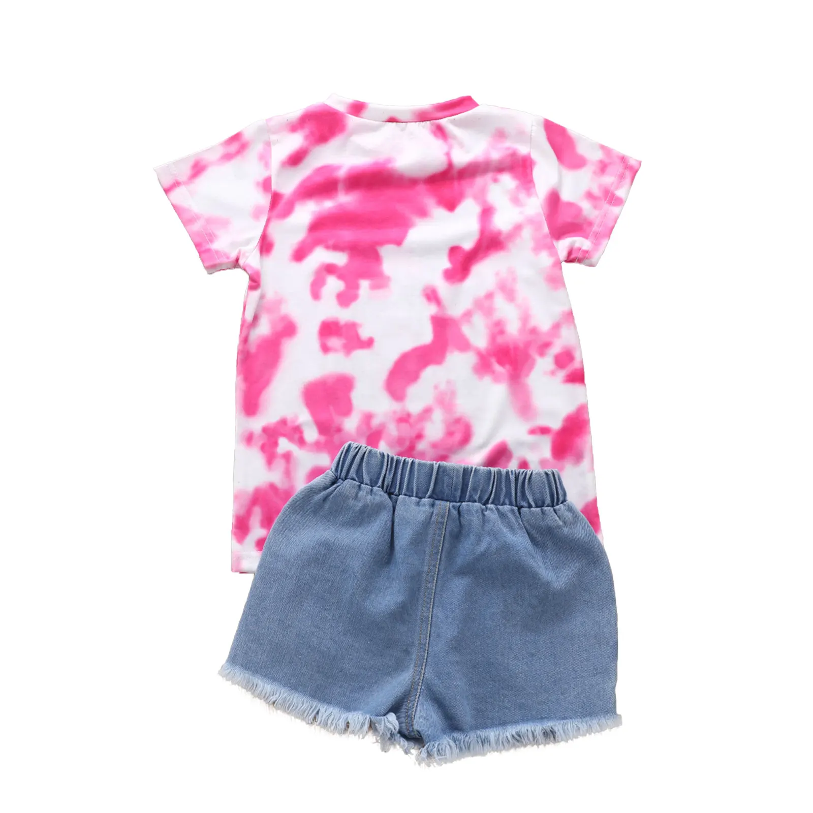 

2021-04-06 Lioraitiin 2-7Years Toddler Baby Girl Short Sleeve + Denim Shorts Camouflage Print Hole Elastic Waist Clothing