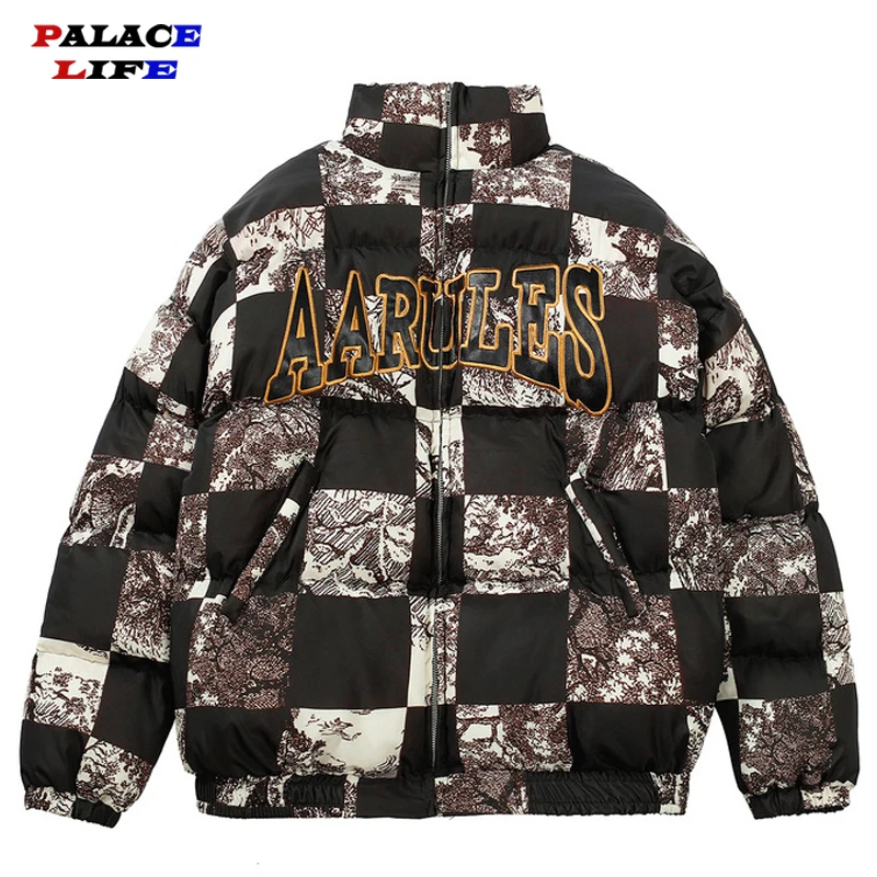 

Parka Jacket Men Letter Embroidery Block Padded Jacket Harajuku Cotton Casual Jacket Coat Hip Hop Streetwear Winter Warm