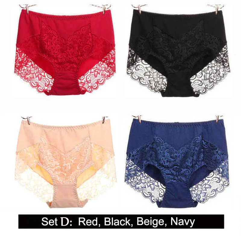 Set D 4pieces BllooBeell, 4 шт., женское хлопковое нижнее белье, трусики для девушек, сексуальные кружевные трусы, выдалбливают, высокая средняя посадка, дамское нижнее белье, большой размер - Цвет: Set D 4pieces