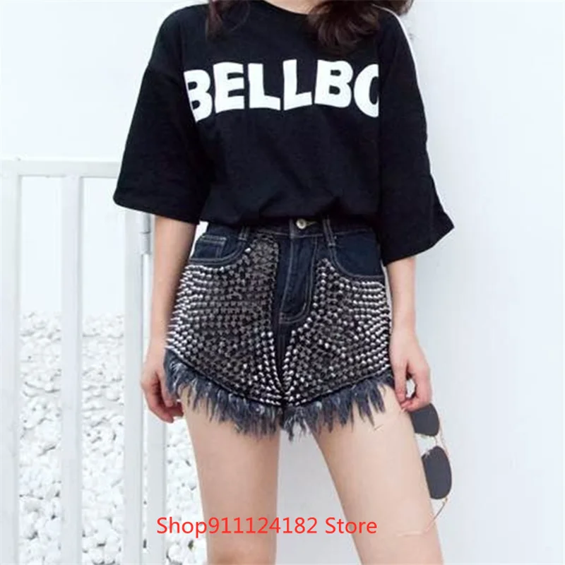 

2021 европейские и американские модные джинсовые шорты с завышенной талией и заклепками с кошачьими ушками женские свободные широкие популя...