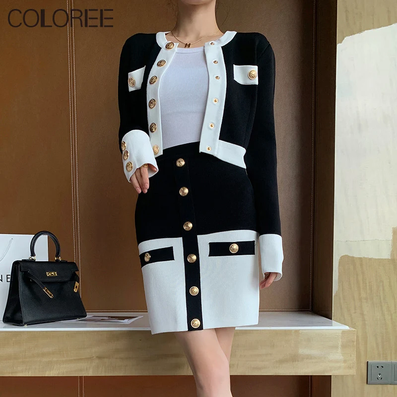 

Runway Designers Two Piece Set Women Autumn Winter Vintage O-neck Double-breasted Knitted Sweater +Mini Skirt Two Piece Outfits