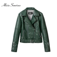 2021 spring autumn leather jacket women green short motorcycle pu long sleeve high end leather 3 colors biker coat hr1018