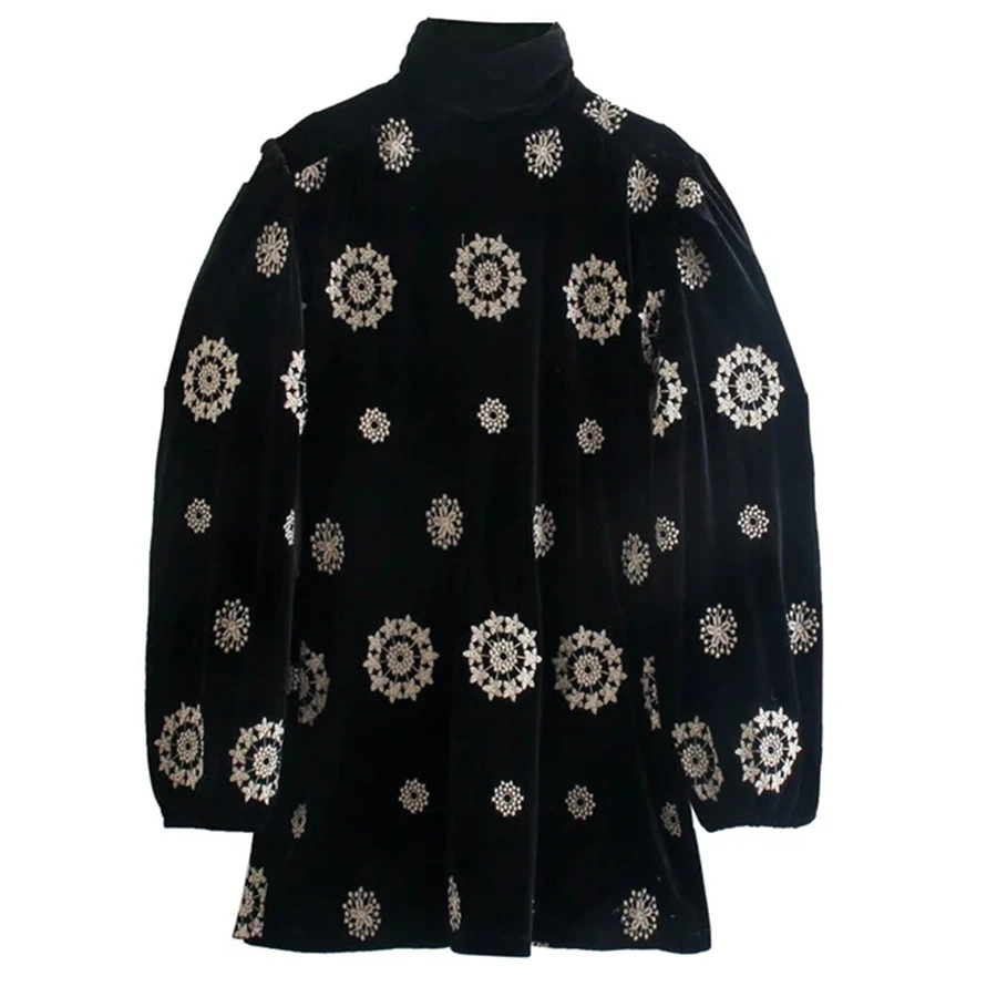 

Dave&Di Winter Velvet England Dress Women High Street Vintage Floral Embroidery Turtleneck Party Mini Tops Dress Women Vestidos