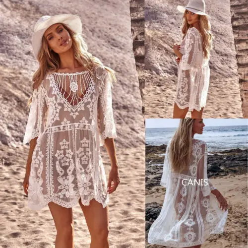 

Women Summer Hollow Out Half Sleeve Pareo Dress Sarong Beach Beachwear Bikini Cover Up Woman Wrap Mini Dresses Female Wear