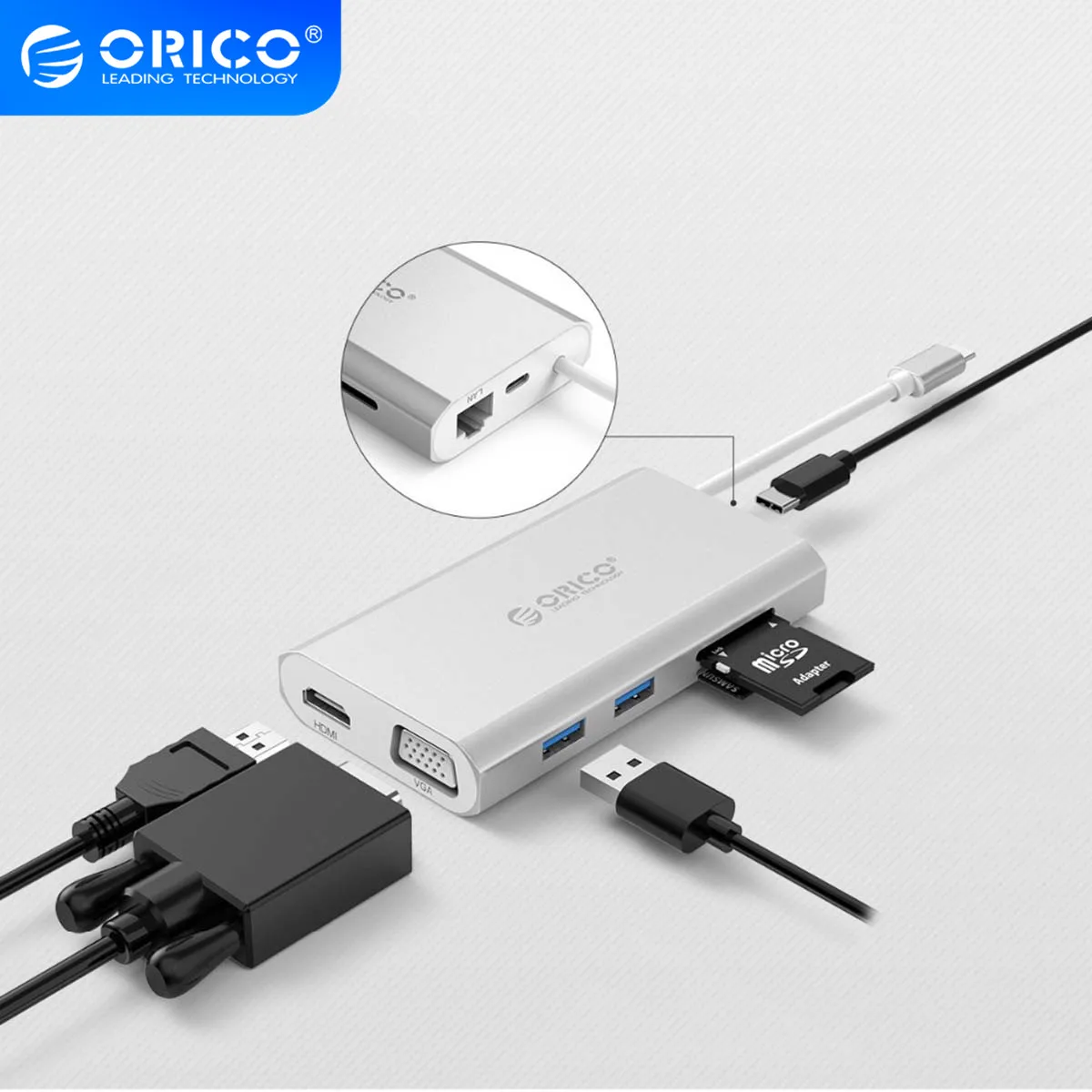 Док станция ORICO 8 в 1 Type C из алюминиевого сплава с USB 3 0 HDMI совместимым VGA портом PD
