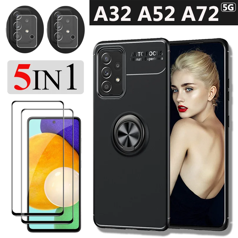 

capa a52 com suporte, Metal Ring Holder Case for Samsung Galaxy A52 A32 A72 (4G/5G) Case Silicone Cover + Protective Glass Samsung A52 Case