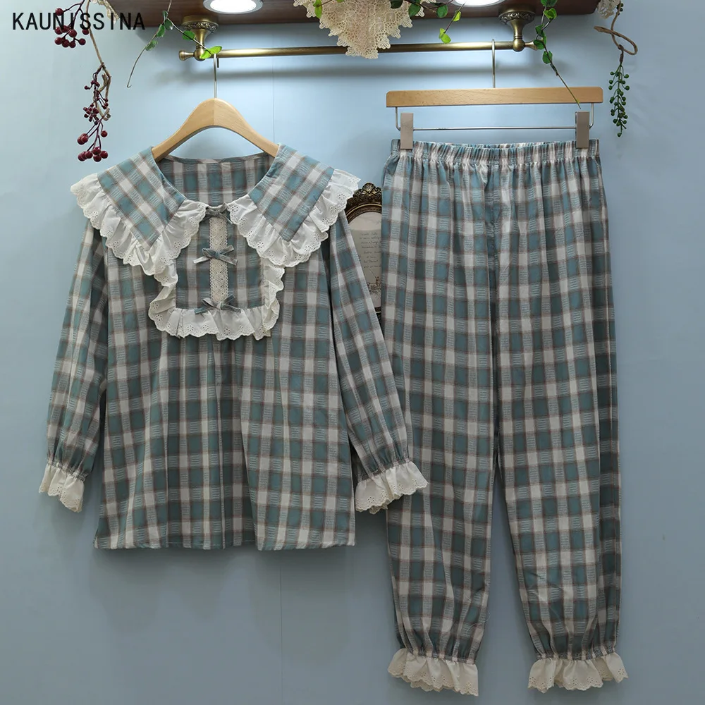 

Cotton Pajamas For Women Autumn Winter Doll Collar Cute Princess Sleepwear Long Sleeve Shirts Long Pants Plaid Pajama Homewear